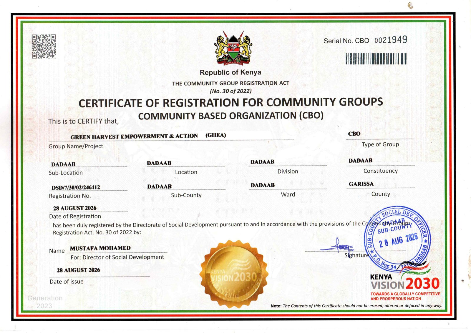 Certificate of Registration for Green Harvest Empowerment and Action (GHEA) as a Community Based Organization in Kenya, registered 28 August 2026, Registration Number DSD/7/30/02/246412
