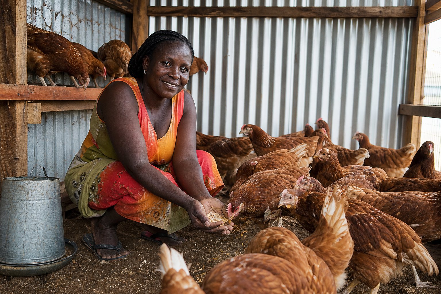 A poultry keeper caring for healthy chickens as part of a household livelihood activity